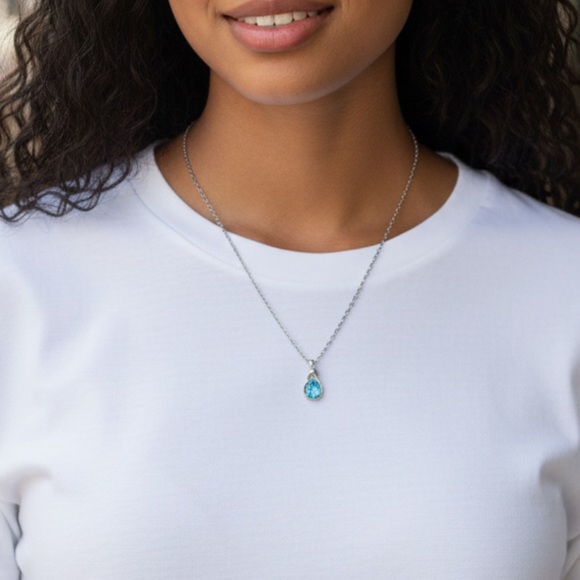 925 sterling silver great shape blue topaz faceted crystal gemstone necklace - Picture 8 of 8